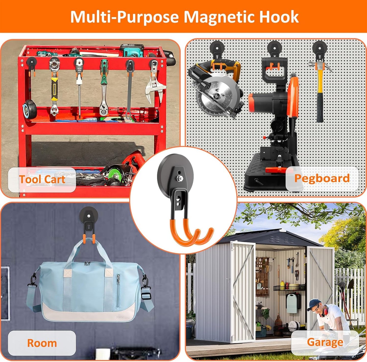 ENUODA Strong Magnetic Hooks Heavy Duty - Garage Hooks Rare Earth Magnet Hook for Hanging Garden Tools, Drill, Hose, Broom, Cabinet, Tool Chest, Van, Container, Pegboard, 4 PCS