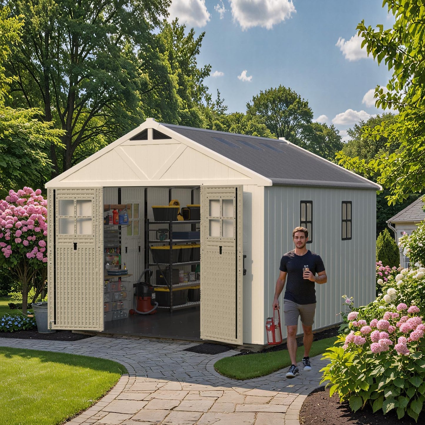 Patiowell 10x12 FT Outdoor Storage Shed with Floor and Lockable Door, All Weather Plastic Shed Garden Shed with Skylight and Multiple Windows for Backyard, Patio, Lawn, Beige