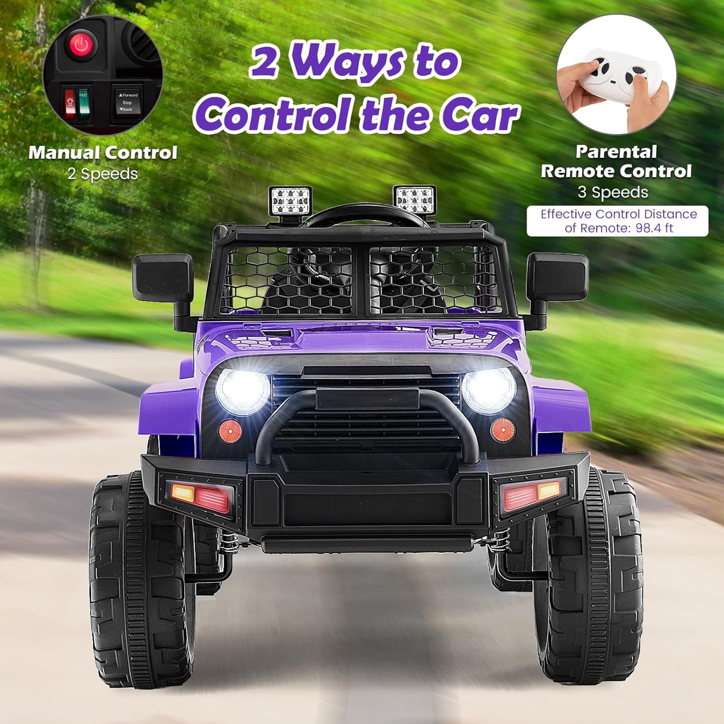 Costzon Ride on Car, 12V Battery Powered Truck Vehicle with Remote Control, Spring Suspension, Headlights, Music, Horn, MP3, USB & Aux Port, Gift for Boys Girls, Electric Car for Kids (Purple)