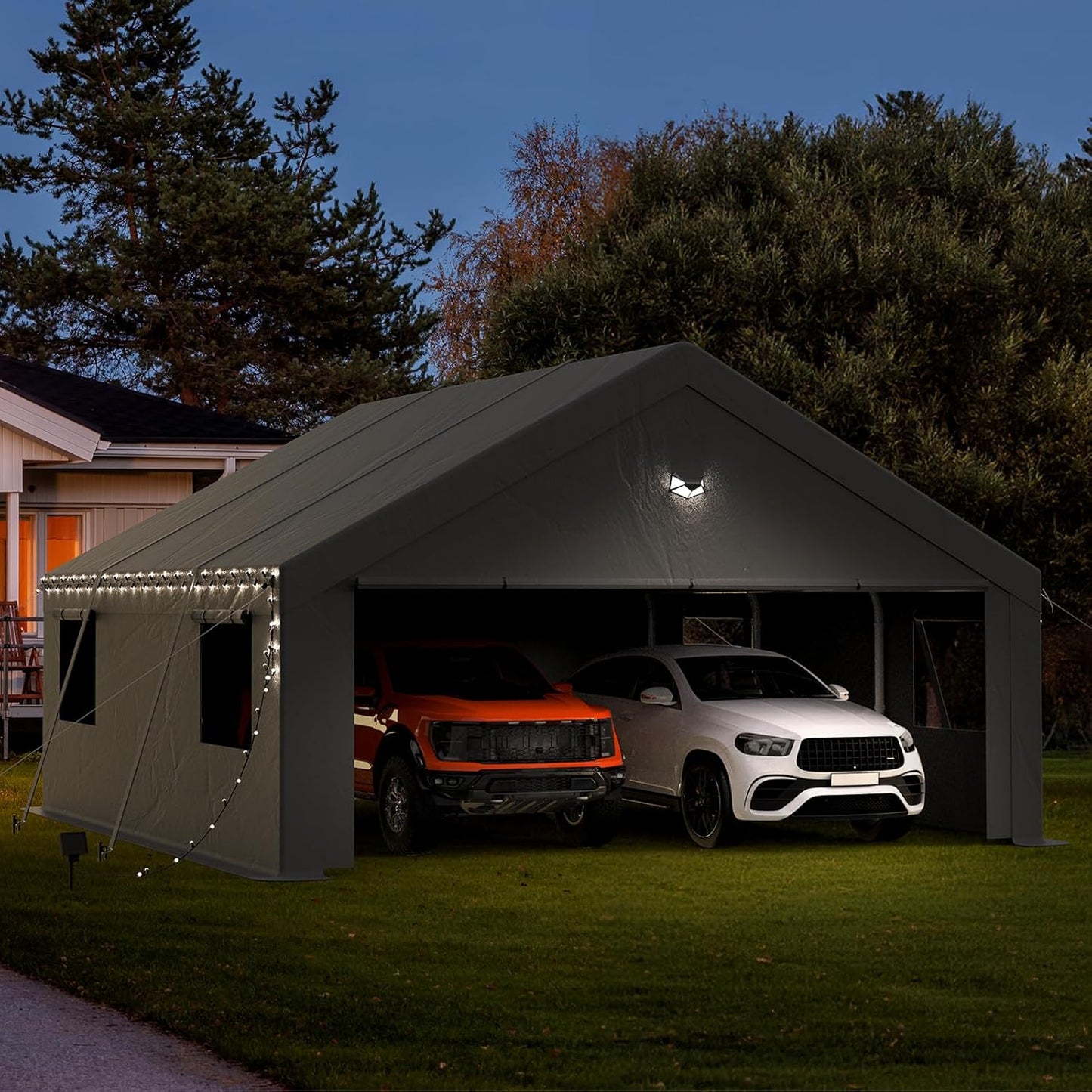 20x20 Carport, Heavy Duty Carport Canopy Garage with Removable Sidewalls and Drive Through Roll Up Zipper Doors, Grey