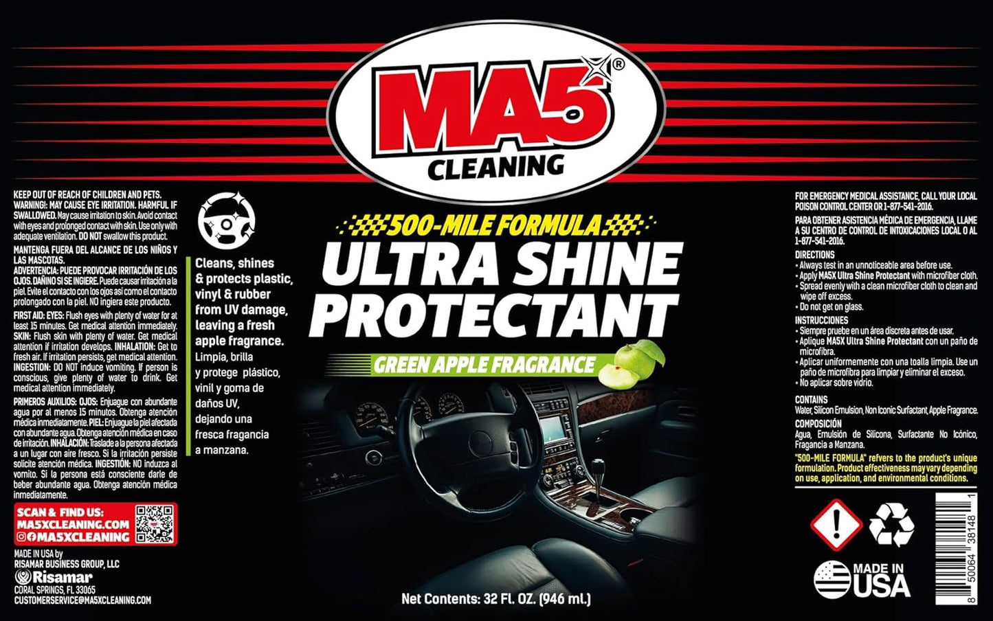 MA5X Ultra Shine Protectant | Car Interior Cleaner | Multi-Surface Car Interior Protectant with Green Apple Scent | UV Resistant | 32oz Spray Bottle | Pack of 2