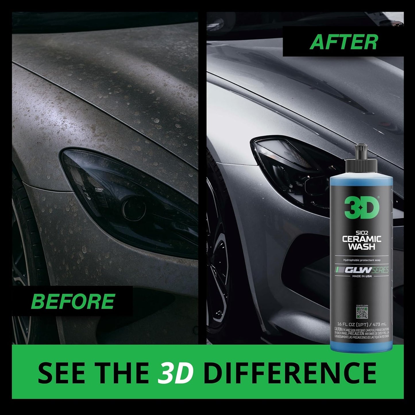 3D SiO2 Ceramic Wash & Wax Soap GLW Series – pH Neutral Car Shampoo with Hydrophobic Protection & Deep Gloss | SiO2 Coating | Scratch-Free Detailing |16 oz