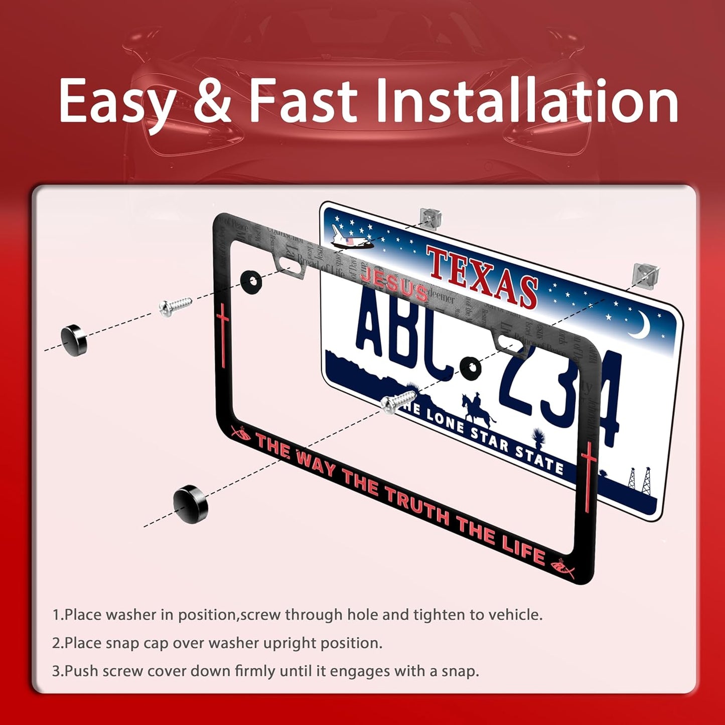 Jesus The Way The Truth The Life License Plate Frame Christian License Plate Frames Funny Stainless Steel Accessories Cars Decor with 2 Holes and Screws Fits Standard Us Ca Vehicles 12.2 X 6 Inch