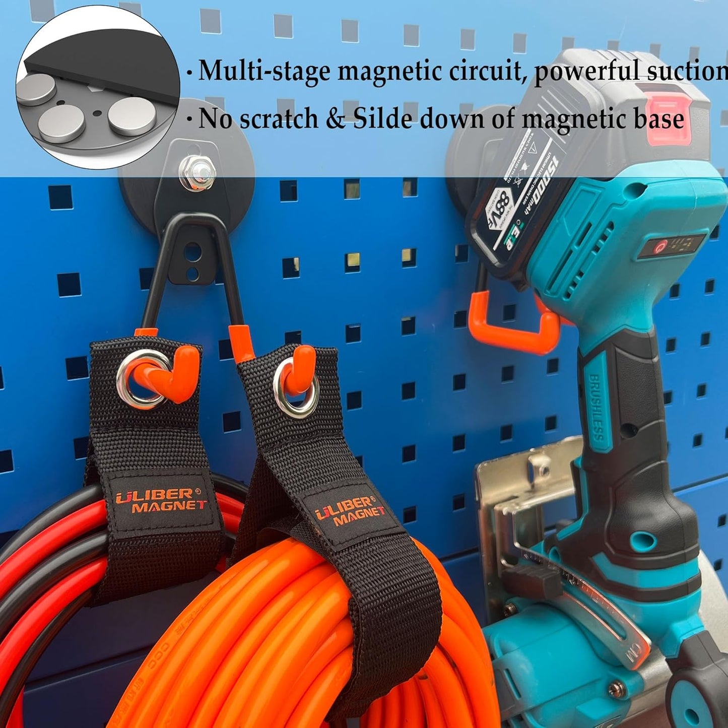 ULIBERMAGNET Heavy Duty Magnetic Garage Hooks,6 Pack Strong Large Magnet Hooks for Power Drill,Garden Tools,Hose,Pegboard,Garage, Workshop,Magnetic Storage Hook for Indoor Outdoor Hanging(Orange)