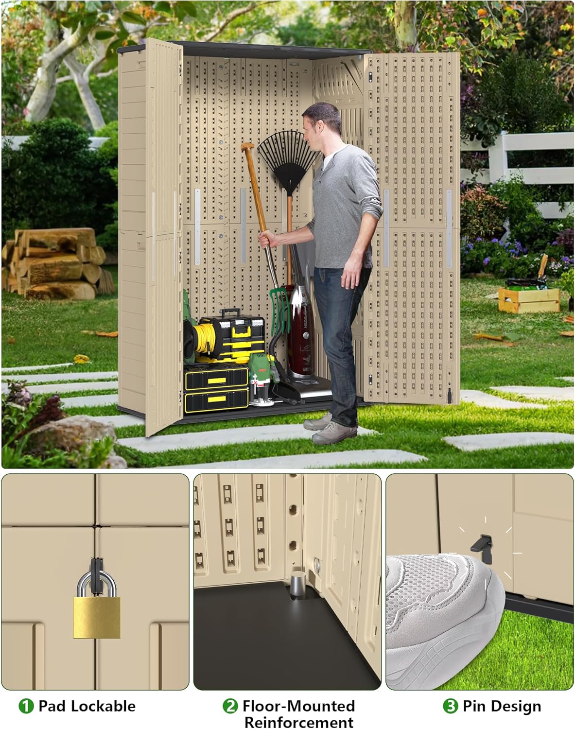 60 Cu.Ft Vertical Outdoor Storage Shed, Weatherproof Outdoor Tall Cabinet, Lockable Resin Shed with Double-Wall Panels and Floor for Garden, Garage, Patio(Shelves Not Included)