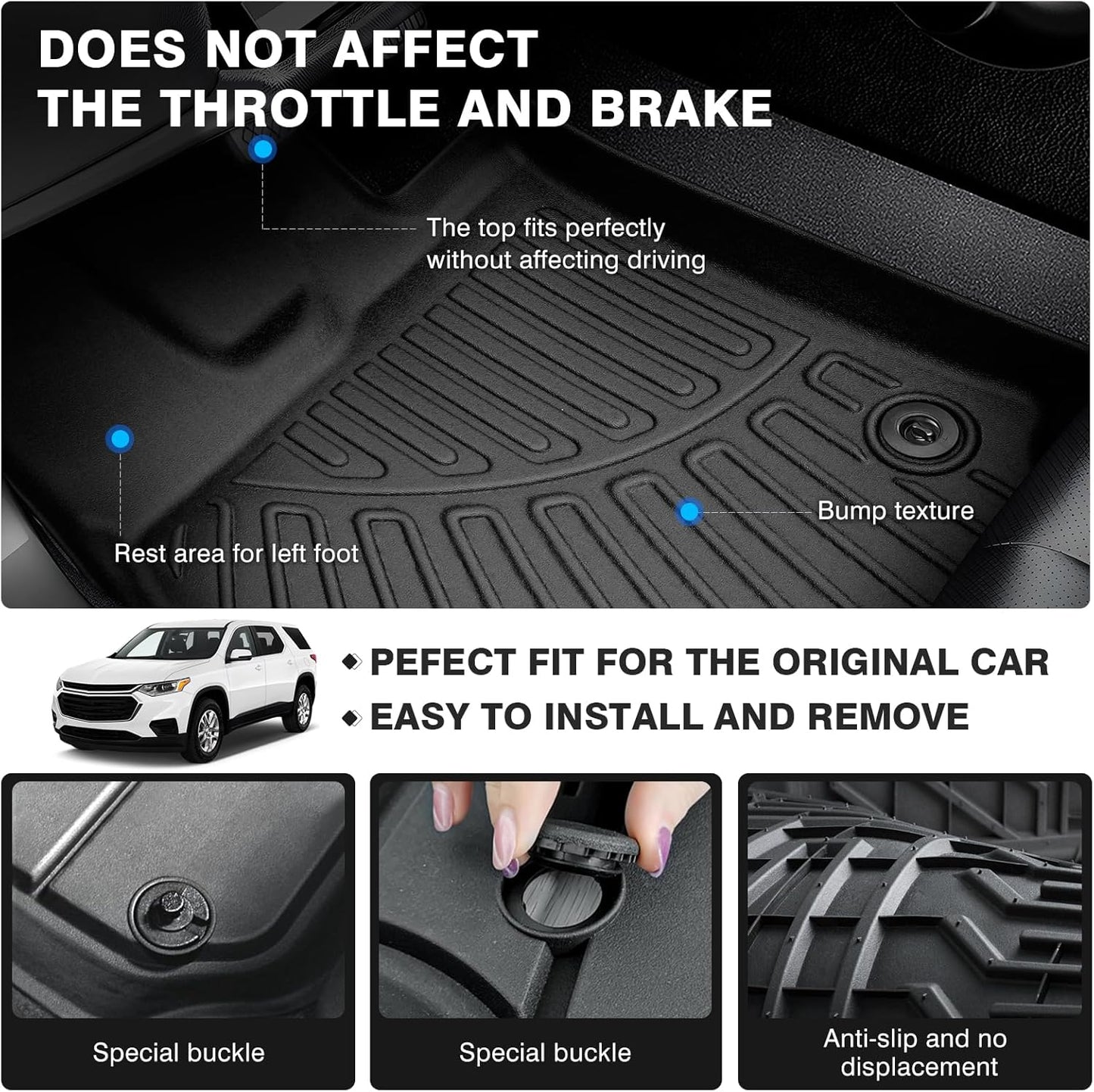 Powerty Floor Mats for 2018-2024 2025 Chevy Chevrolet Traverse 7 Seater Accessories All Weather Floor Liner 3D TPE Floor Mat Heavy-Duty Floor Liners((Only for with 2nd Row Bucket Seat)