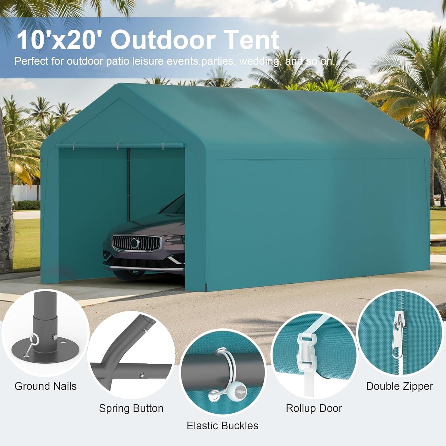 Carport 10x20 Heavy Duty Portable Garage w/Removable Sidewalls & Roll-Up Door Car Canopy Party Tents Waterproof UV Resistant All Weather Car Port for Trucks,Boats(Green)