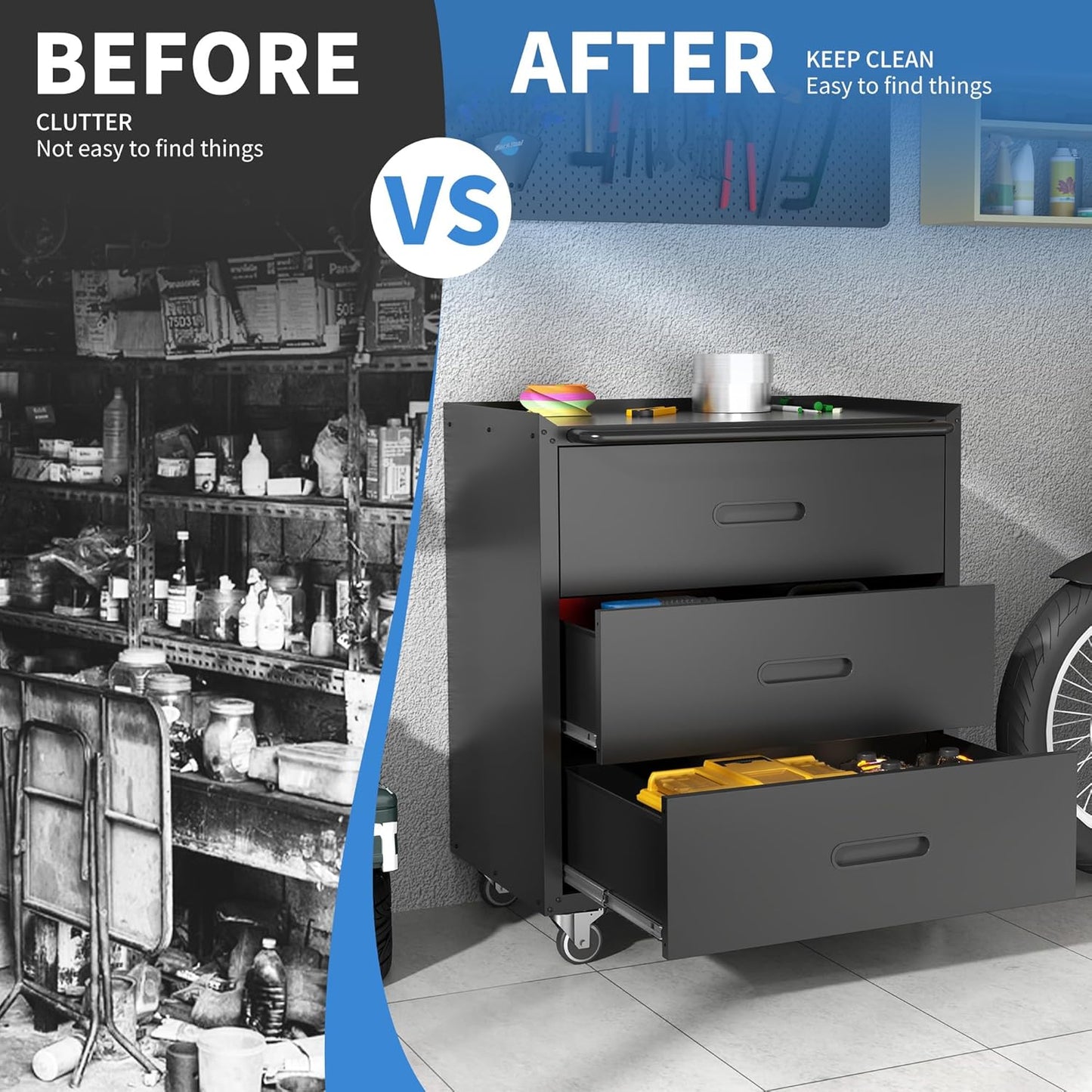 Metal Storage Cabinet with Wheels, Garage Storage Cabinet with 3 Drawers, Rolling Tool Storage Cabinet, Assembly Required, Black