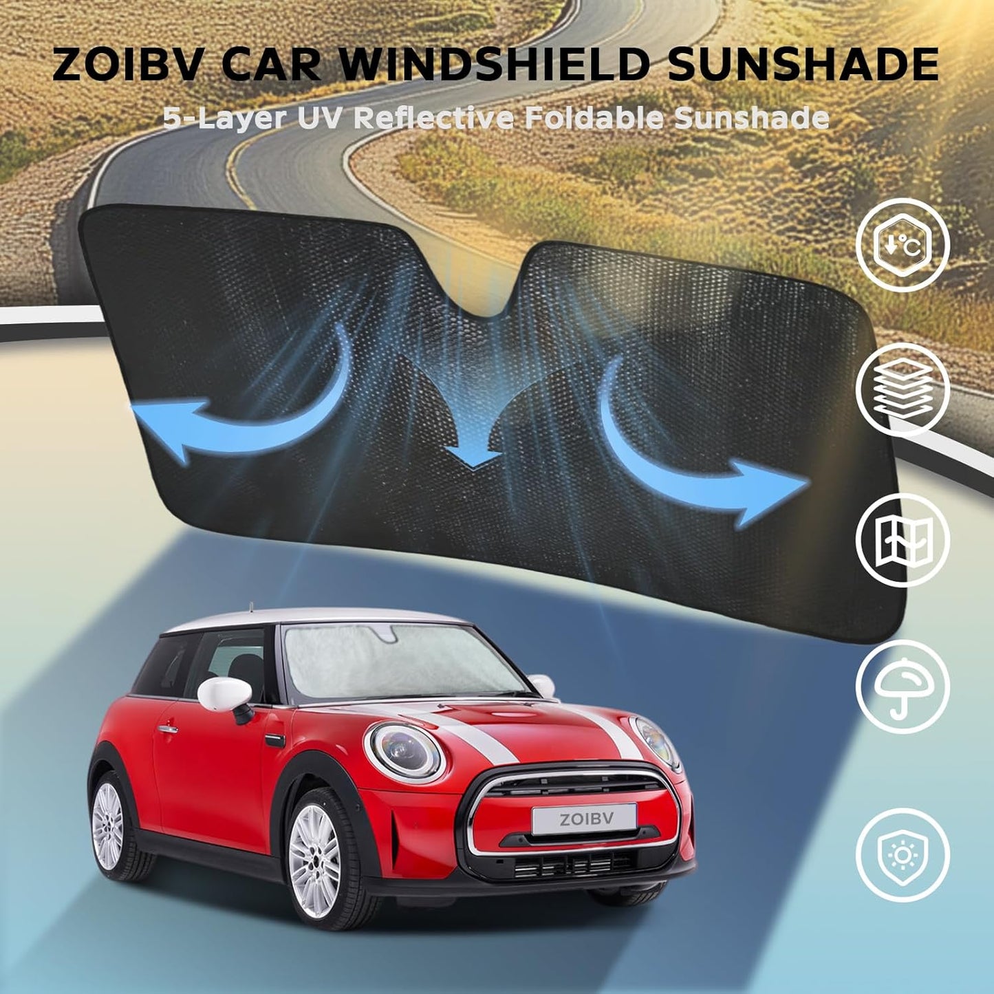 Windshield Sun Shade for BMW Mini Cooper F55 2015-2024 - 5-Layer Bubble Foldable Front Window Shade Sun Visor Accessories - Blocks Heat & UV Rays