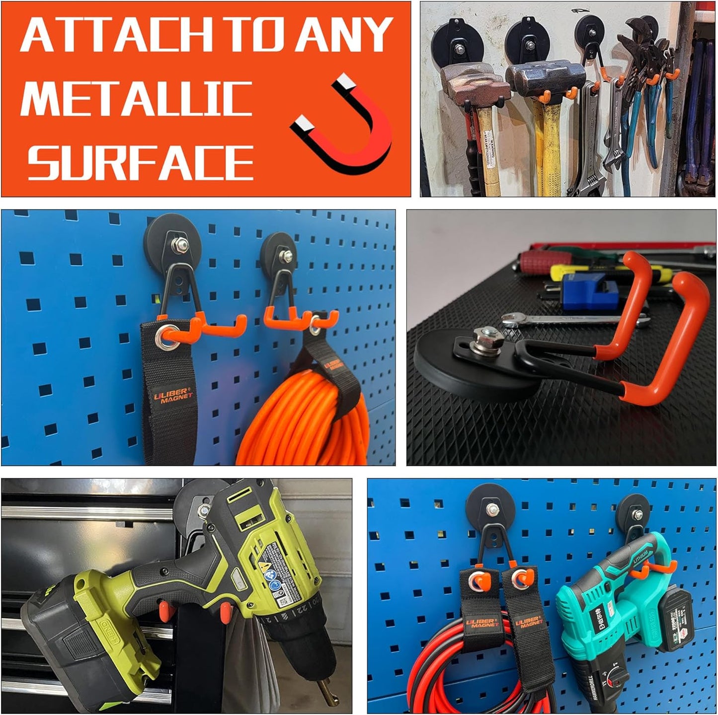 ULIBERMAGNET Heavy Duty Magnetic Garage Hooks,6 Pack Strong Large Magnet Hooks for Power Drill,Garden Tools,Hose,Pegboard,Garage, Workshop,Magnetic Storage Hook for Indoor Outdoor Hanging(Orange)
