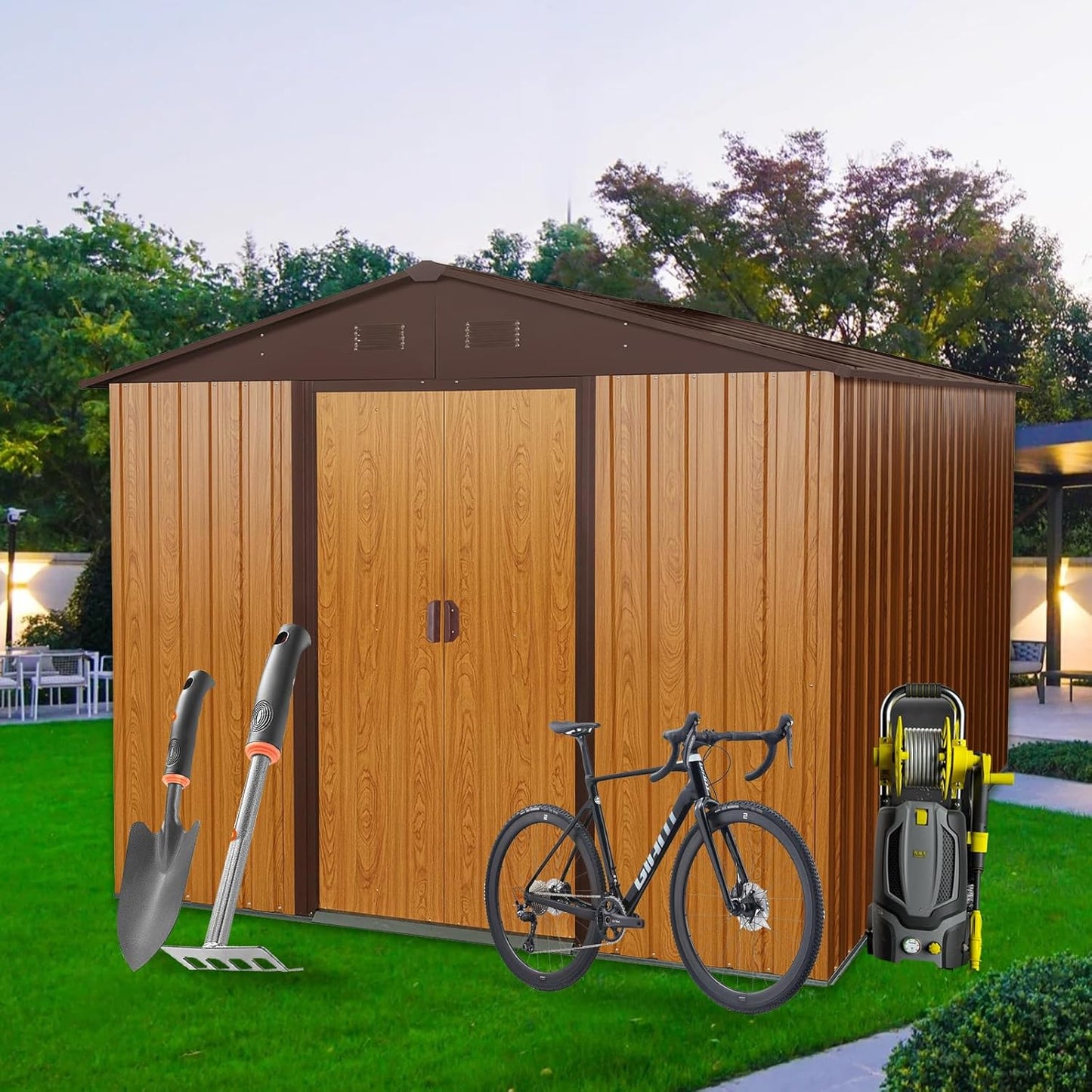 8x10 FT Outdoor Storage Shed, Metal Garden Shed with Frame Floor, Outside Tool Shed with Lockable Sliding Doors, Waterproof Storage Building with Sloped Roof for Backyard, Patio, Lawn, Coffee