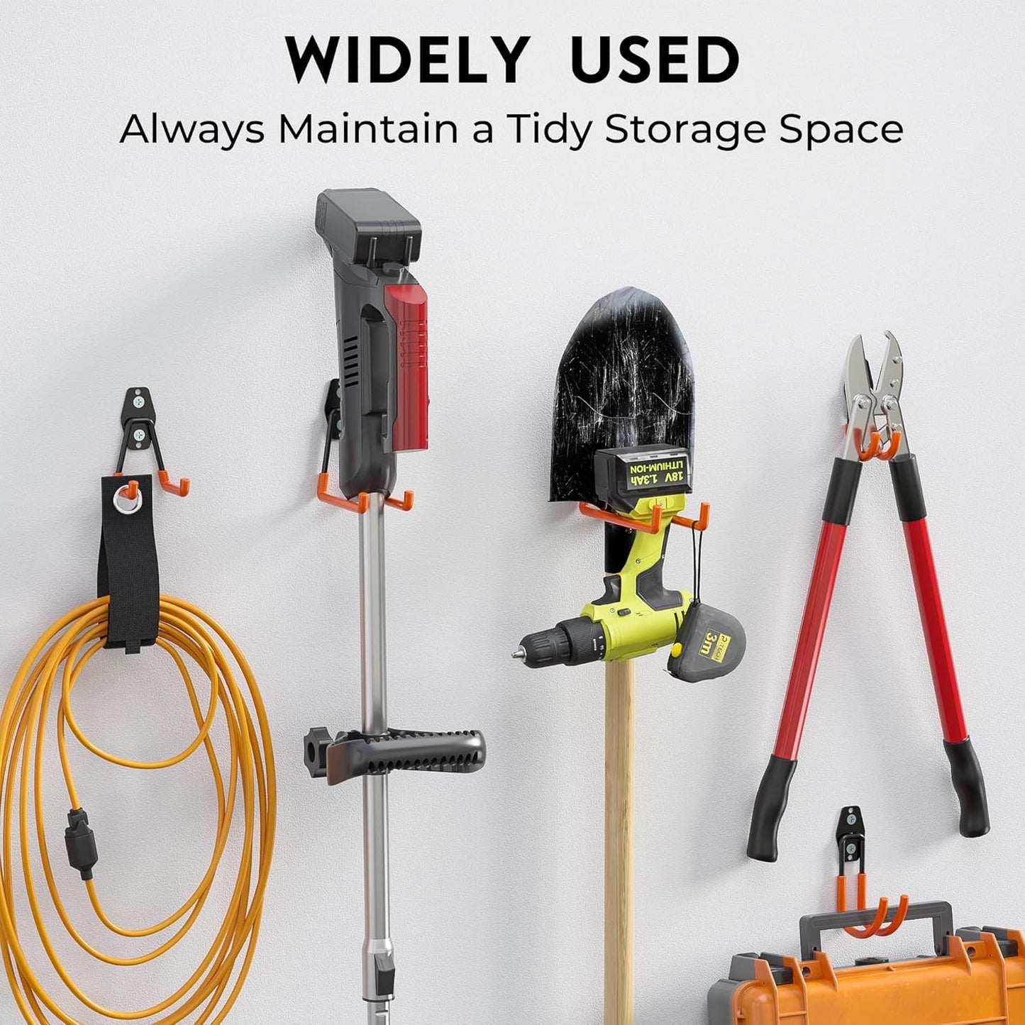 BONTEC Heavy Duty Garage Hooks, Anti-Slip Coated Black Steel with Strong Load Capacity, Multi-Sized U and J Hooks, Easy Wall Mount for Garage, Garden, Workshop (Orange, 16 Pack)