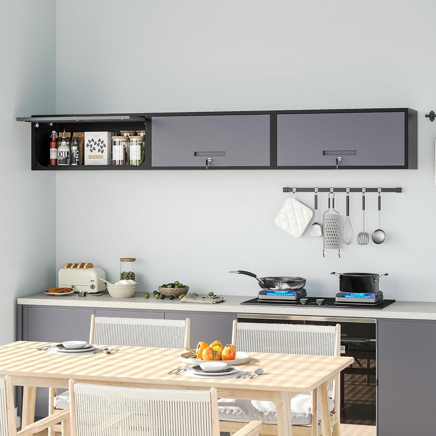 Metal Wall Storage Cabinet with Up-flip Door, Wall-Mounted Storage Cabinet for Garage, Warehouse, Home, Office, Assembly Required (Black Grey, One Cabinet), WC-0725