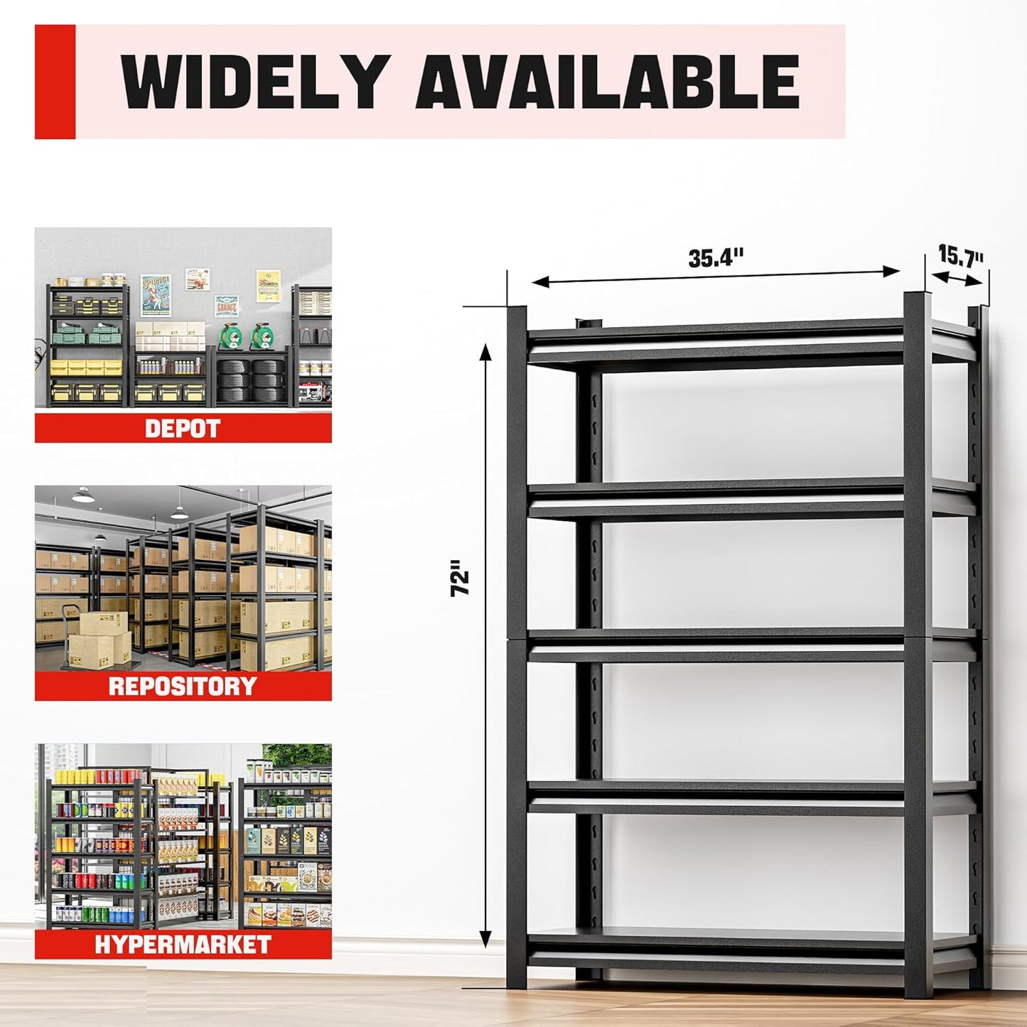 5 Shelf Storage Unit – Heavy Duty Shelving Rack for Garage and Home Use, Sturdy Metal Storage Shelf Organizer, Perfect for Organizing Tools, Supplies 16" D x36 W x72 H（3 pcs）