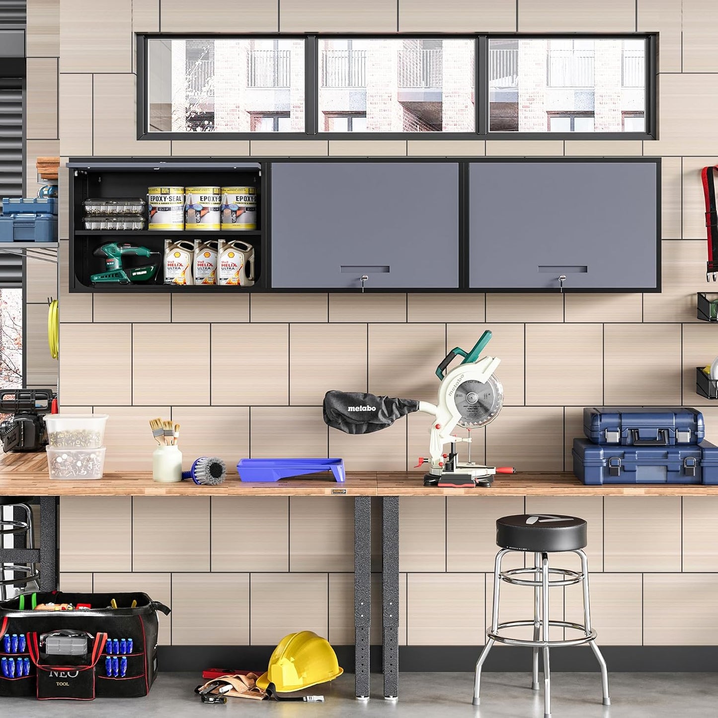 Metal Wall Cabinet with Locking Door and Shelf, Hanging Garage Cabinets with Up-Flip Doors for Garage, Warehouse, Home, Office, Assembly Required (Black Grey, One Cabinet)