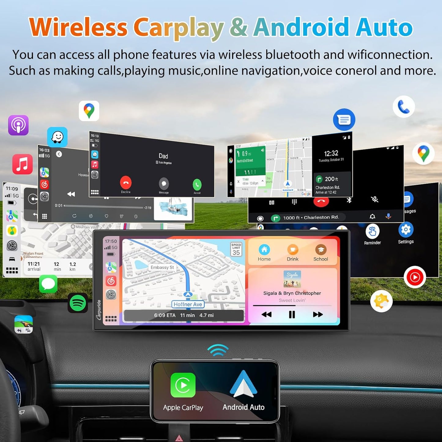 CARPURIDE W125S 11.26 Inch HD Wireless Carplay & Android Auto Screen, 4K +1080P+1080P Dash Camera for Cars with 64GB Card, with Loop Recording, Bluetooth, Voice Control, GPS, FM, Super Link
