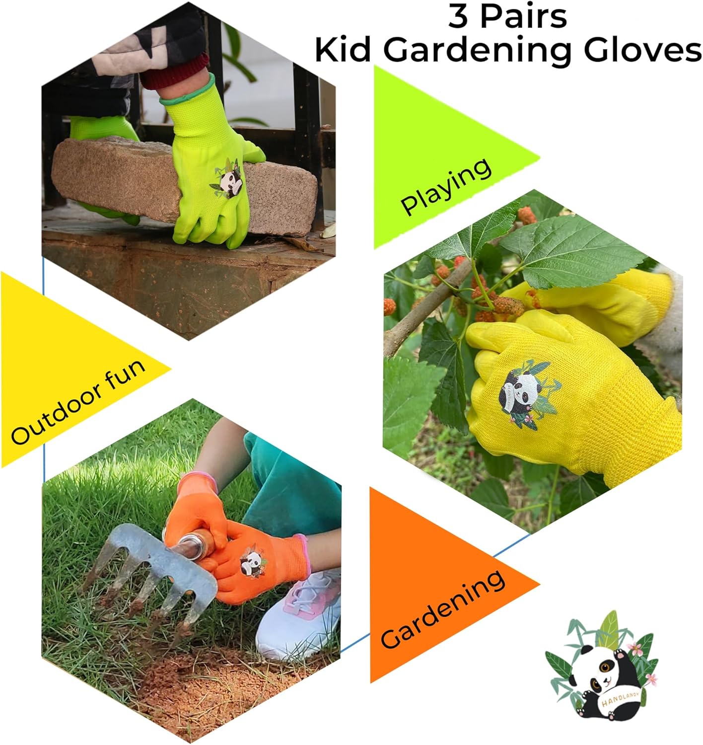 HANDLANDY 3 Pairs Kids Gardening Gloves Latex Free, Nitrile Coated Children Toddler Garden Yard Outdoor Playing Gloves for Little Girls Boys (Size L)