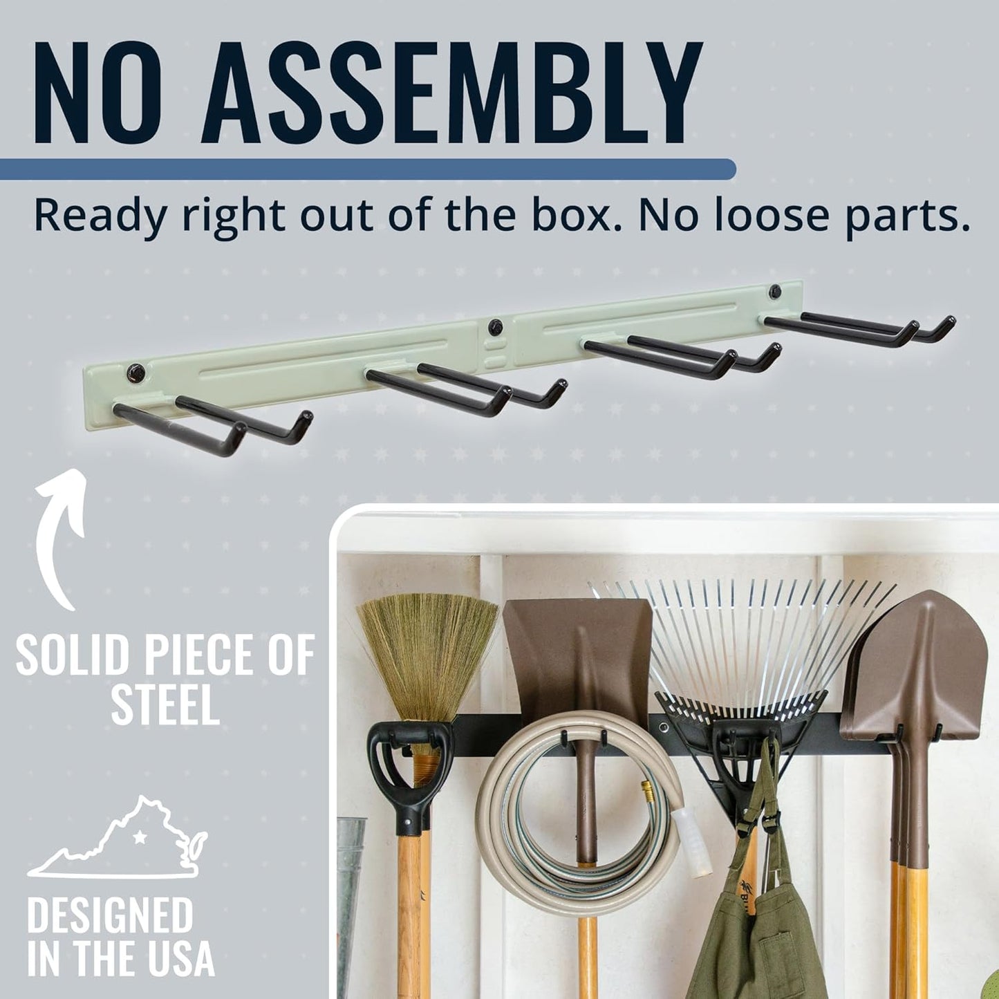 StoreYourBoard Wall-Mounted Rack With 4 Garage Hooks – Heavy-Duty Steel Holder Garage & Garden Storage for Shed, Workshop, or Home Organization – For Rakes, Shovels, Tools & More – 1 Pack, Cactus