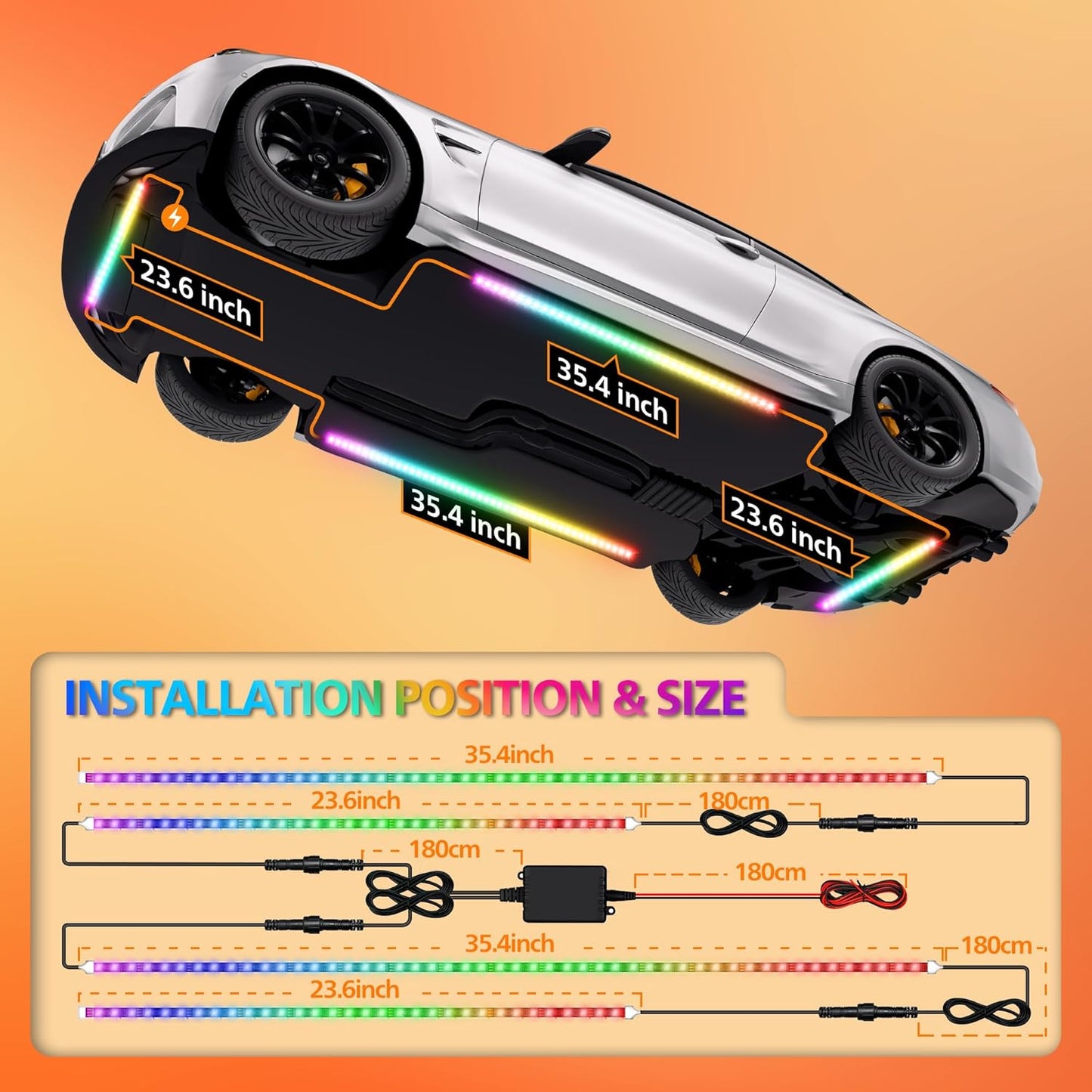 Underglow LED Lights for Cars 180 LEDs RGBI Neon Accent Strip Lights with App 16 Million Colors DIY & Music Mode Underbody Exterior Lights Kit for RV SUV Truck Boat 12V