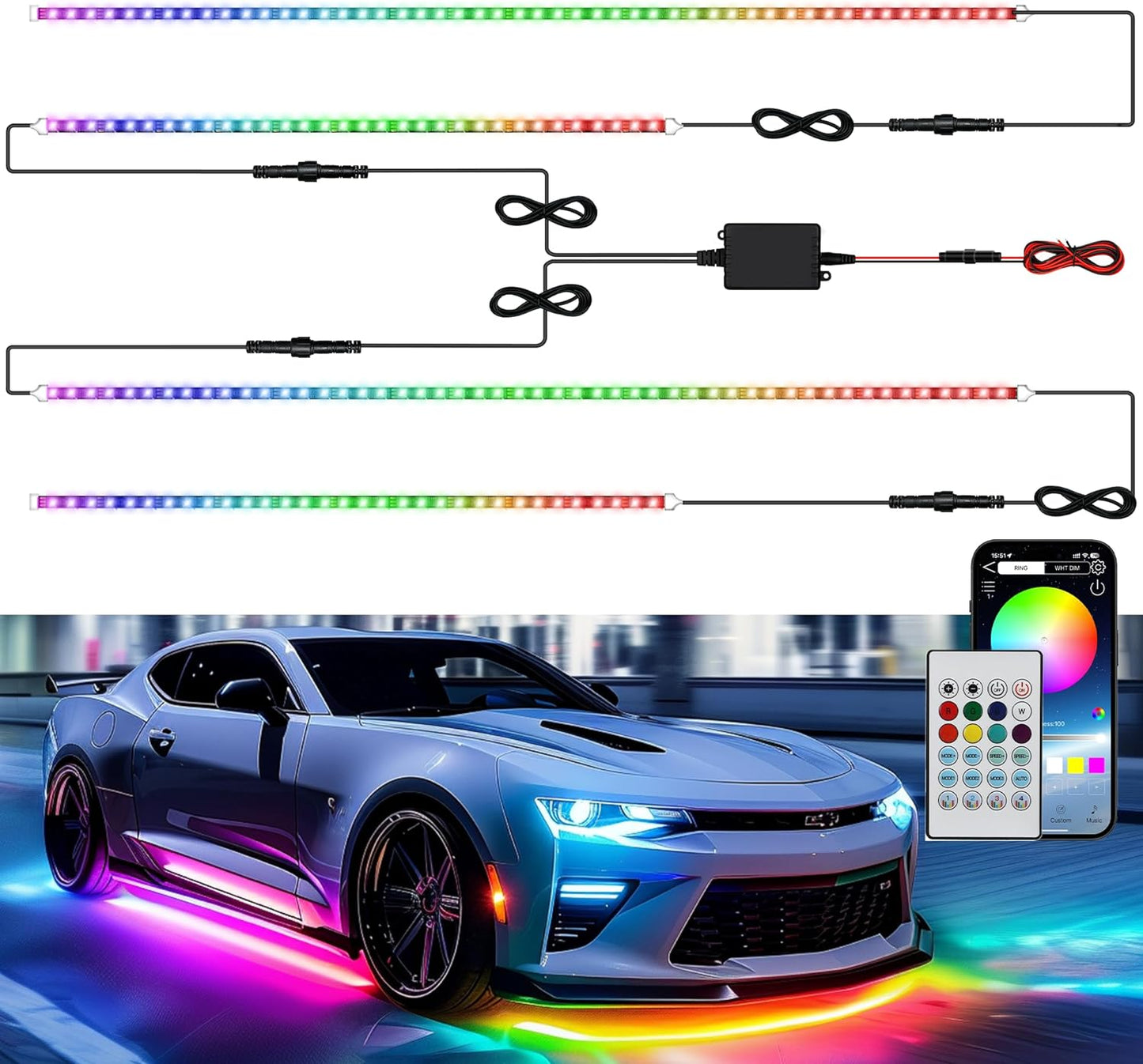 Underglow LED Lights for Cars 180 LEDs RGBI Neon Accent Strip Lights with App 16 Million Colors DIY & Music Mode Underbody Exterior Lights Kit for RV SUV Truck Boat 12V