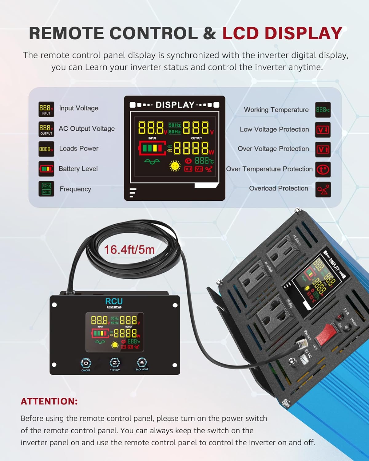Power Inverter 5000 Watt Pure Sine Wave 48V DC to 110V/120V AC 10000W Peak Converter for Family RV Solar System with 2 AC Outlets LCD Display Remote Control 0.5A USB Charging Port and Wiring Terminal