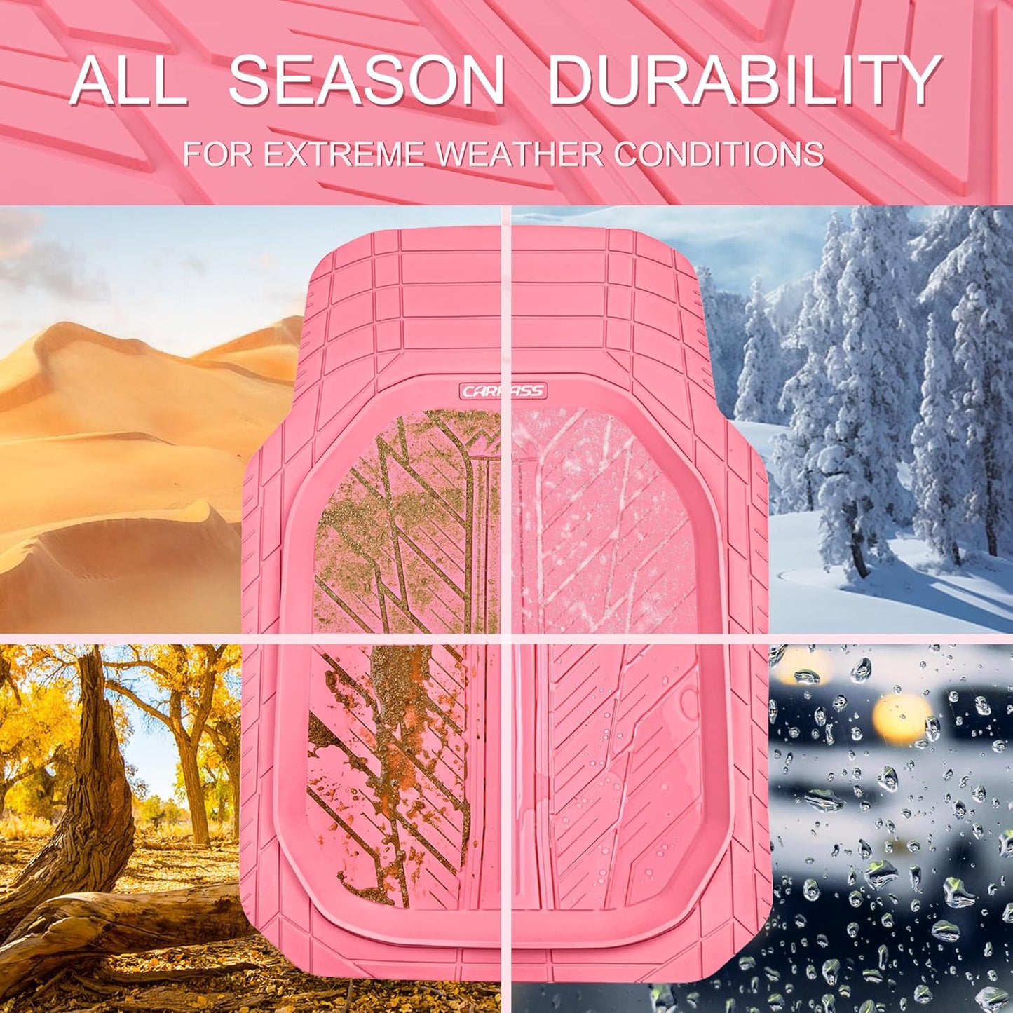 CAR PASS DeepDish Pink Floor Mats for Cars Full Set,Heavy Duty Rubber Car Mats 3-Piece,Universal Waterproof Trim-to Fit Automotive Floor Mats for Truck Van SUV, Durable All-Weather Car Mats (Pink)