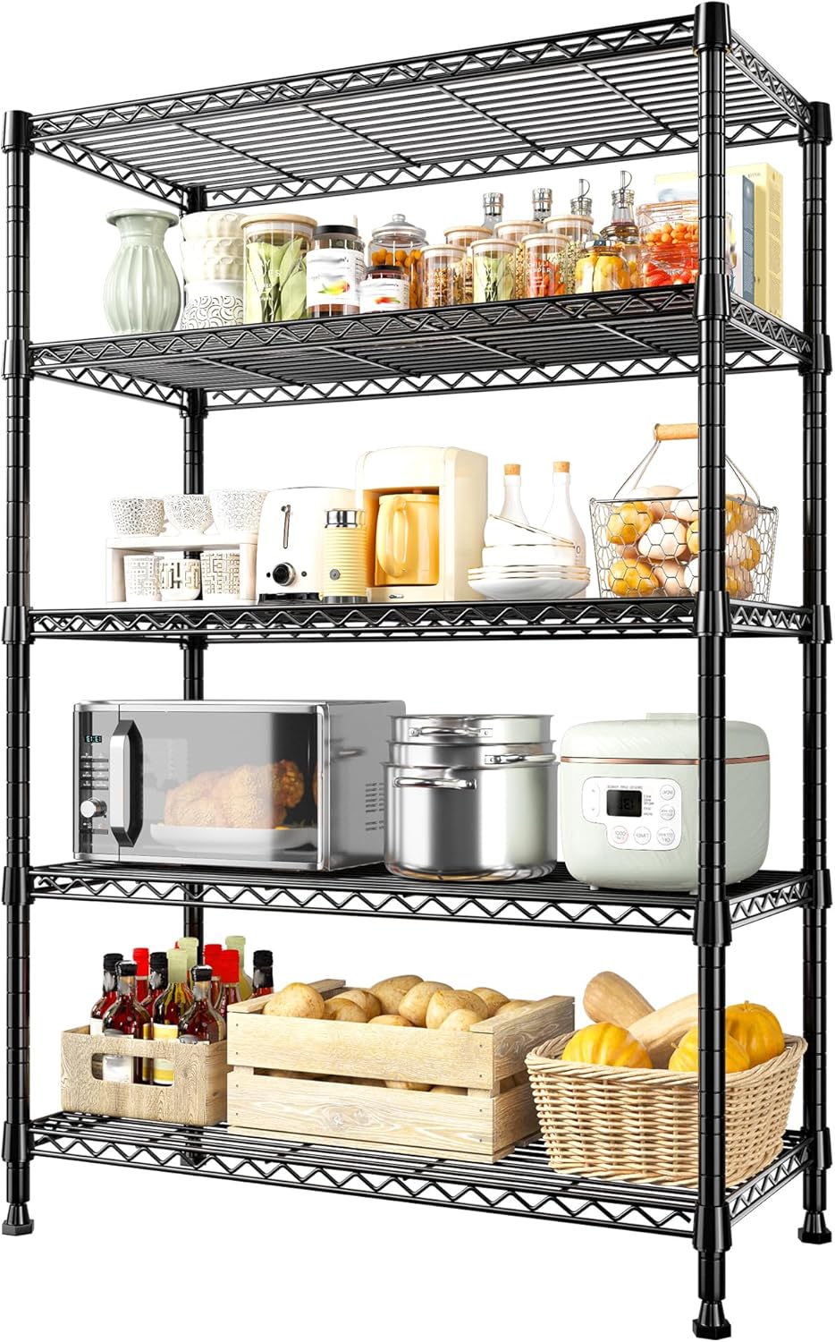 REIBII Storage Shelves, 5-Tire Wire Shelving Load 1000LBS Metal Shelves for Storage Adjustable Garage Shelving Unit Wire Shelf Rack Kitchen Storage Rack Pantry Shelves 31.5''W x 15.7'' D x 71''H