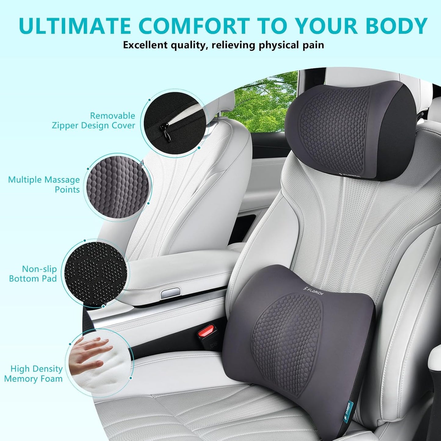 FLORICH Lumbar Support with Car headrest Back Pillow for Chair Headrest Pillow with Gel Memory Foam Massage Point Lumbar Support(Grey)