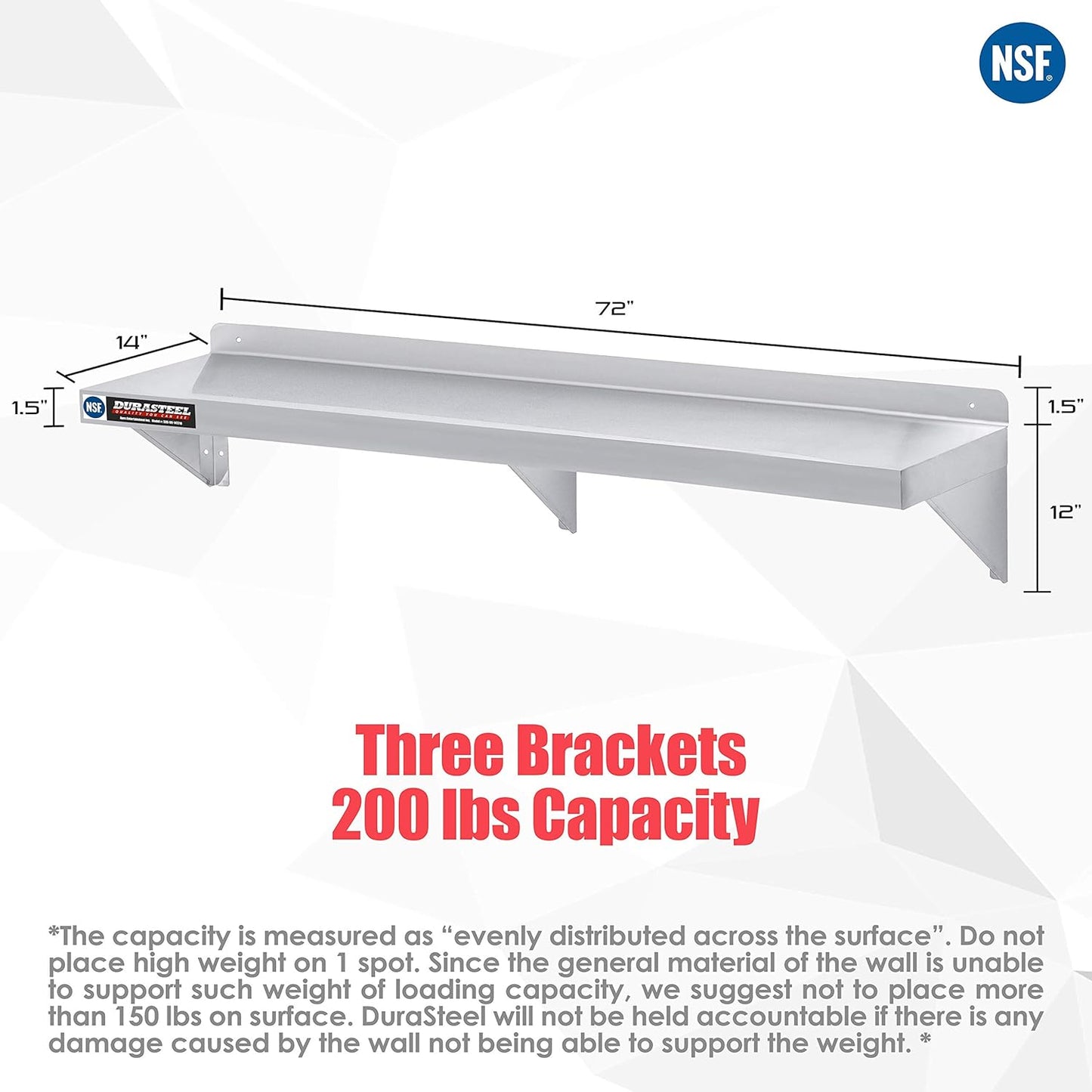 DuraSteel Heavy Duty Wall Mount Shelf - 72" Wide x 14" Deep Classic Stainless Steel Wall Floating Shelves - NSF Metal Storage Wall Shelves - For Commercial Kitchen, Laundry Room, Garage, Food Truck