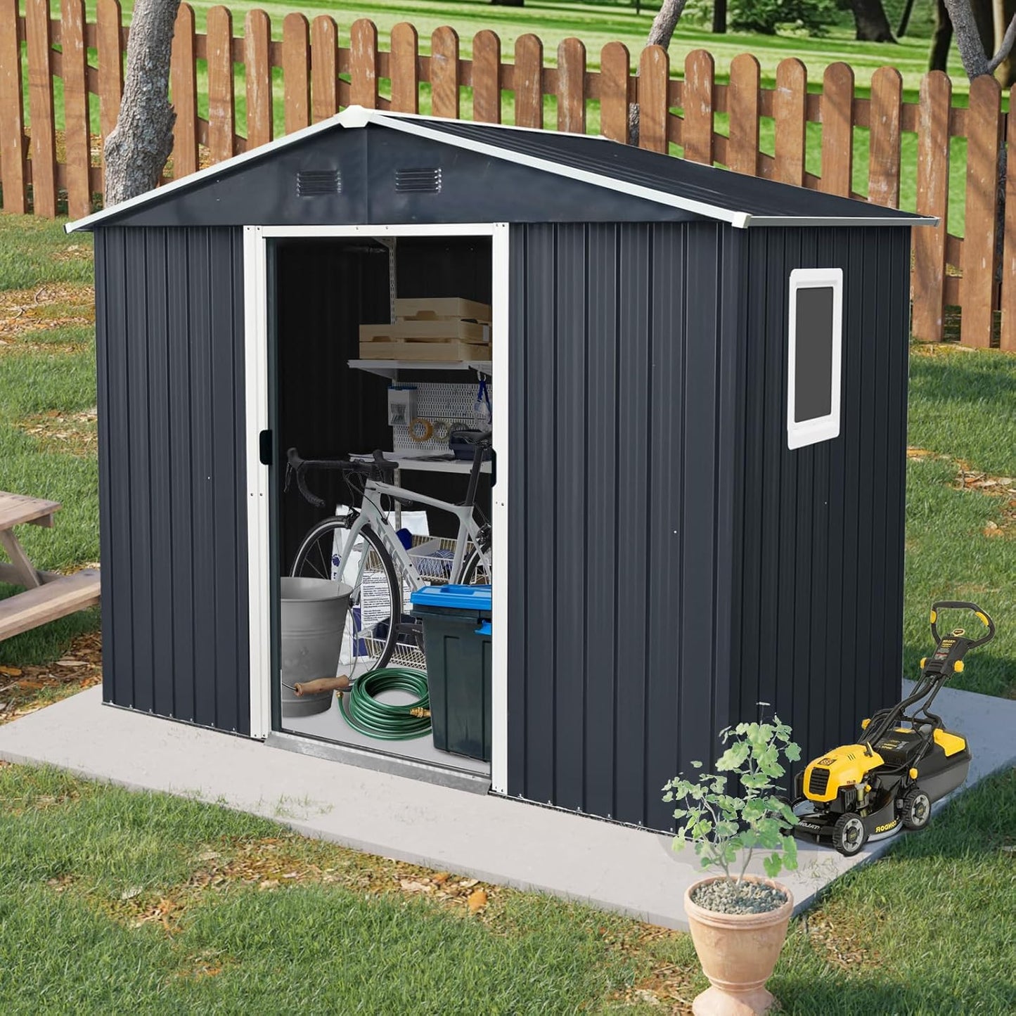 4x8 FT Outdoor Storage Shed, Metal Garden Shed with Frame Floor, Outside Tool Shed with Window, Waterproof Storage Building with Lockable Sliding Doors & Sloped Roof for Backyard, Patio, Black