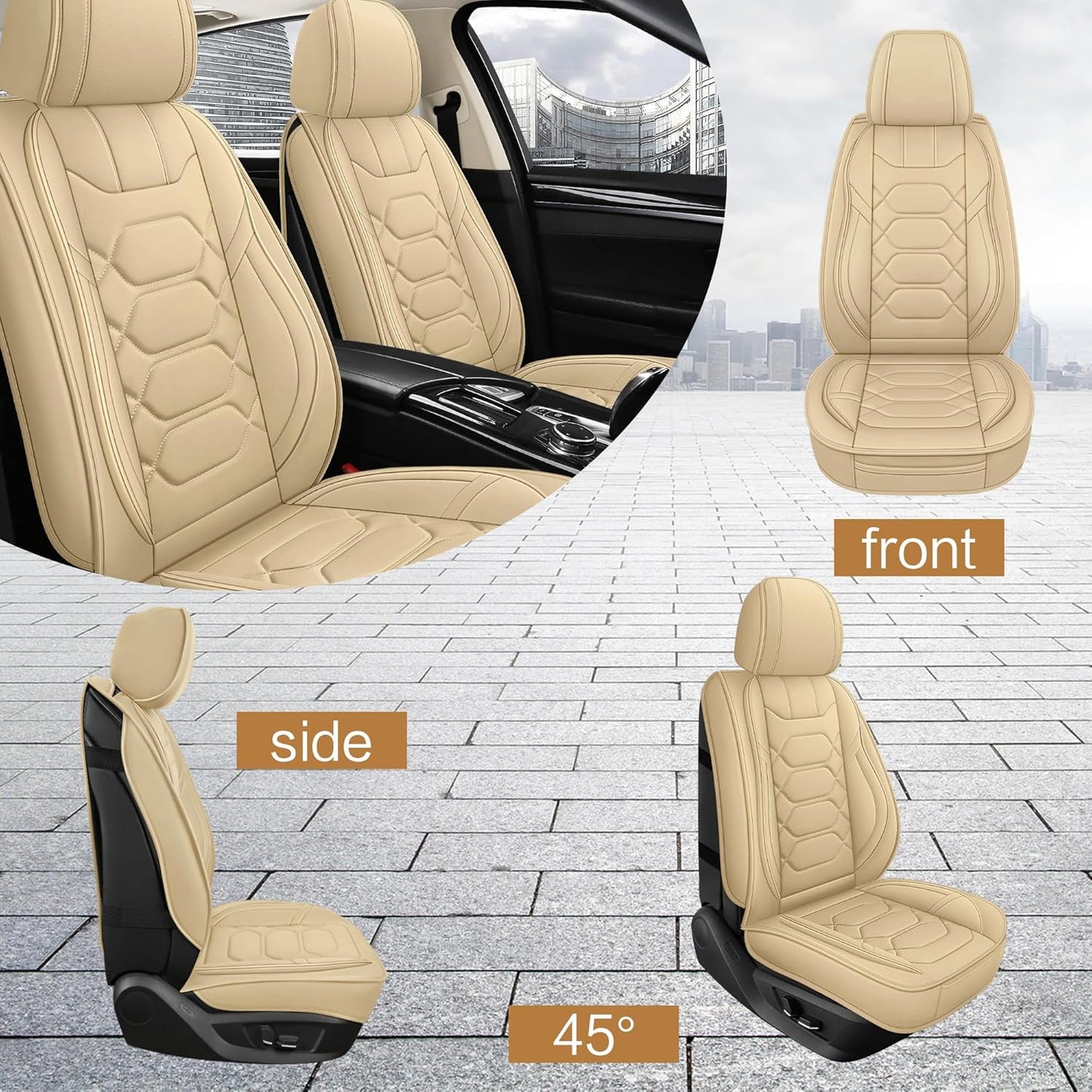 Pariitadin Leather Car Seat Covers Full Set, Waterproof Breathable Faux Leather Automotive Seat Covers for Cars, Non-Slip Car Interior Covers Universal Fit Most Cars Sedans Trucks SUVs, Beige
