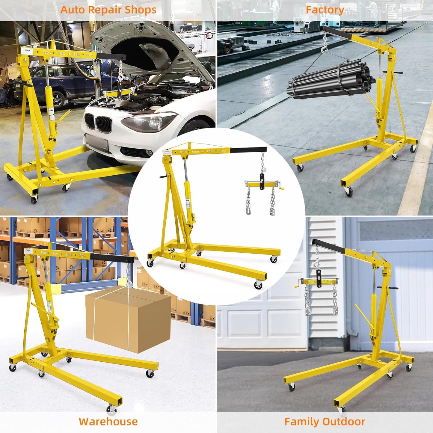 Engine Hoist with Lever, 2 Ton 4000 Lbs Heavy Duty Folding Cherry Picker Engine Lift Hydraulic Tilting Engine Shop Crane with 6 Iron Caster Wheels Telescopic Boom Hitch,Yellow