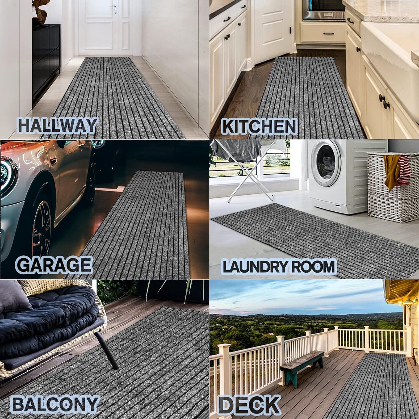 Custom Size Backed Non-Slip Area Rugs Runner, Easy Clean, Waterproof Runner Rugs for Hallway Entryway, Kitchen, Laundry, 3FT x 10FT, Gray Stripe