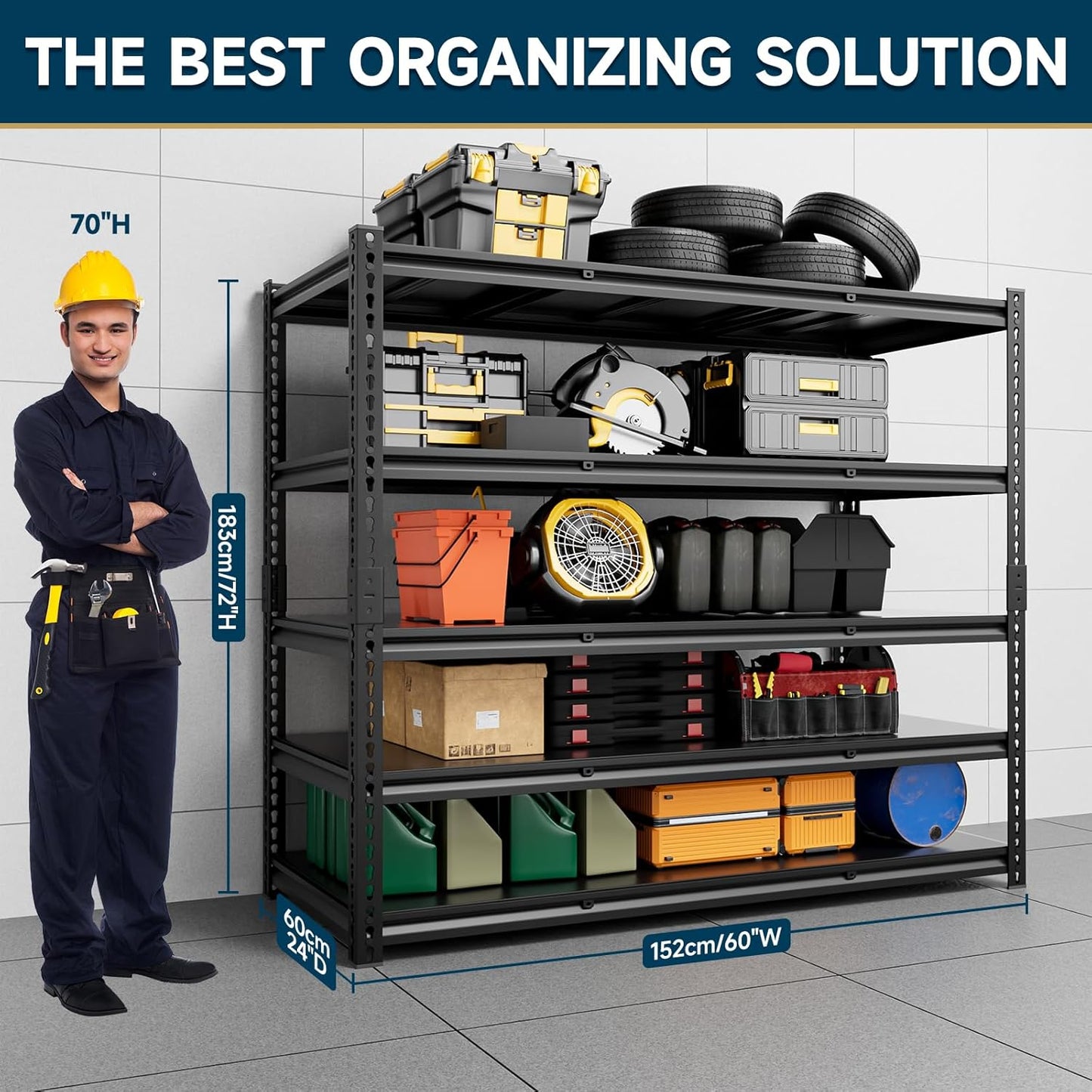 5-Tier 60”D X 24”W X 72”H Heavy Duty Shelving 3000LBS Garage Storage Rack Heavy Duty Adjustable Industrial Warehouse Shelving(Black)