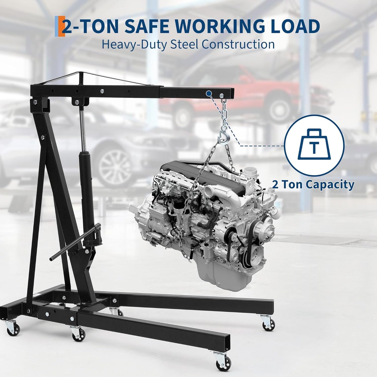Engine Hoist Cherry Picker, 2 Ton Folding Hydraulic Engine Hoist with Telescopic Boom & 6 Casters, Heavy Duty Shop Crane Lifting Cherry Picker for Workshops Garage, Black