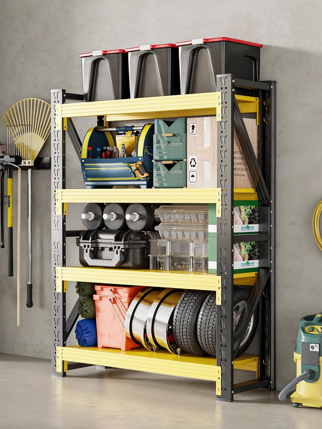 4-Tier Storage Shelves,79" H Heavy-Duty Garage Shelving Unit,Adjustable Industrial Metal Shelf System,4,000lbs Capacity,Tool Organizer for Garage,Workshop,48" W*24" D*79" H,Black&Yellow