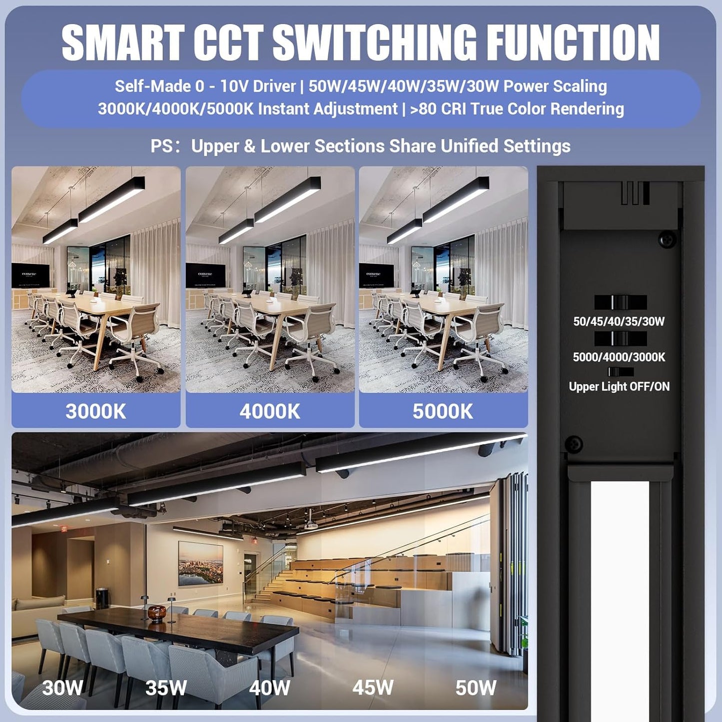 4FT LED Linear Light,50/45/40/35/30W Up and Down Light, 3000/4000/5000K CCT,Commercial and Residential Linear Lights Fixture for Office,Pendant Lights for Home,Shop,Garage,School-2Pack