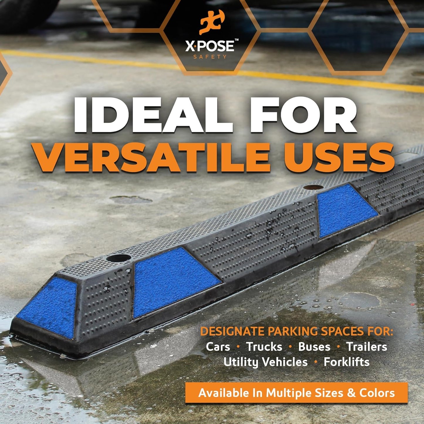 Xpose Safety Parking Stopper for Garage - Heavy Duty Rubber Car, Bumper Stop for Floor, Blue Reflective Strips, Removable Driveway, Ramp Wheel Block for Cars (72" - Pack of 1)