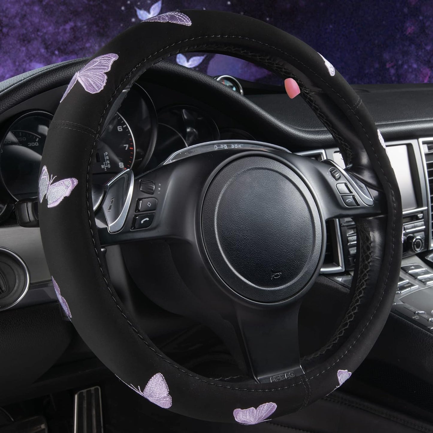 Car Pass Purple Embroidery Butterfly Steering Wheel Cover, Universal 15 Inch Car Wheel Cover for Women Girls, Fit for Suvs,Small Trucks,Sedans,Cars (Black and Purple)