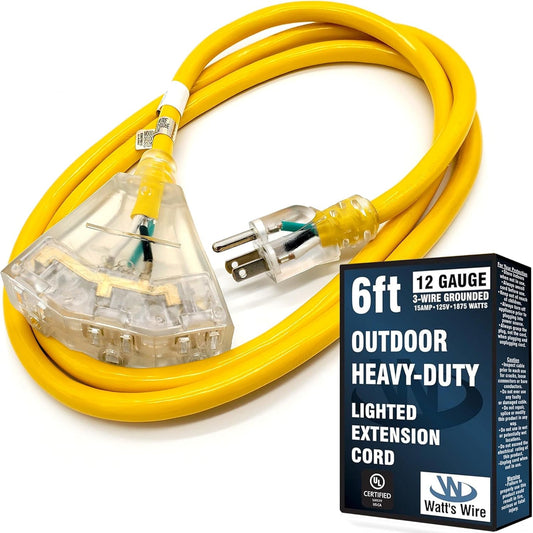 6 ft - 12 Gauge Heavy Duty Extension Cord - 3 Outlet Lighted SJTW - Indoor/Outdoor Extension_Cord by Watt's Wire - 6' 12-Gauge Grounded 15 Amp ExtensionCord Splitter