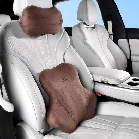 Coverado Car Lumbar Support Pillow and Car Neck Pillow Kit, Ergonomic Design Car Headrest Pillow for Driving, Relax Back Head Muscles Relieve Driving Fatigue, Breathable & Removable Cover, Coffee