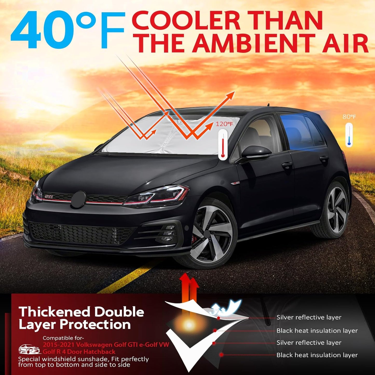 KAYZT Windshield Sun Shade for 2015-2021 Volkswagen Golf GTI e-Golf VW Golf R 4Door Hatchback Foldable Sunshade Front Window Custom Fit Car Accessories