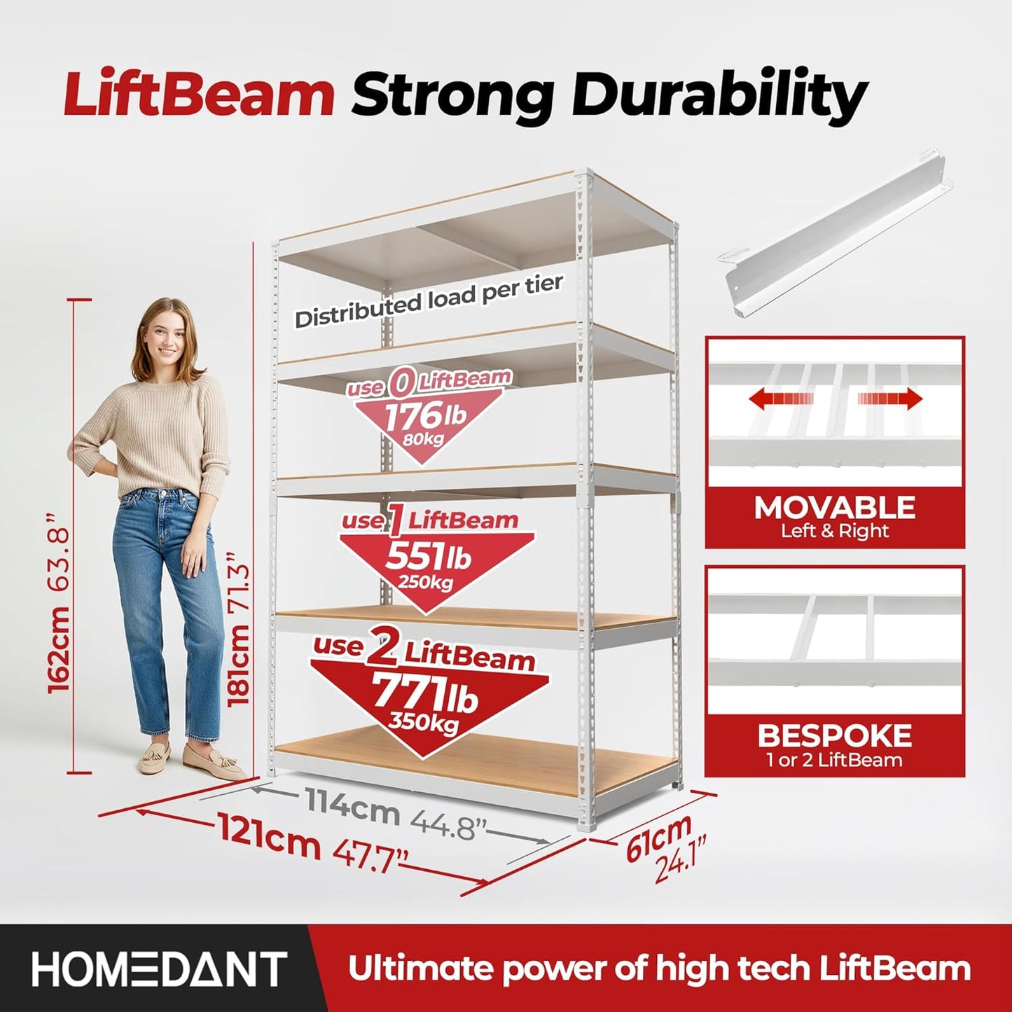 HOMEDANT White 5 Tier Laminated Boltless Heavy Duty Garage Storage Adjustable Wide Size Metal Shelving Unit Utility Rack Shelves Organization Shelf Shed Warehouse 47.7" W x 24.1" D x 71.3" H 4Pack