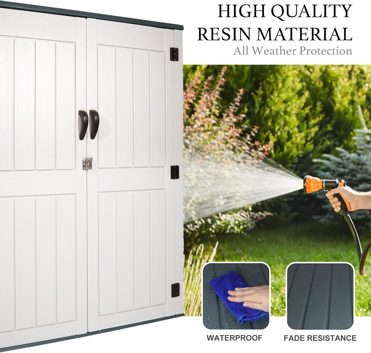 Outdoor Storage Cabinet, 52 Cu ft Resin Storage Box for Patio Garden Yard - Weatherproof Outdoor Storage Shed for Tools Pool Supplies - Lockable Vertical Storage Shed