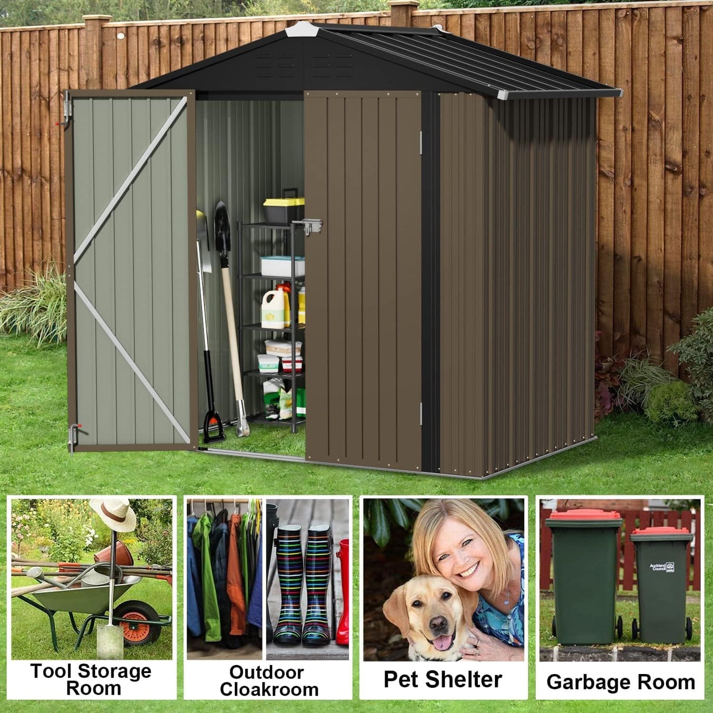 JUMMICO Metal Outdoor Storage Shed 6 x 4 FT Metal Shed with Lockable Door,Waterproof Garden Tool Shed Storage House for Backyard Patio Lawn,Brown