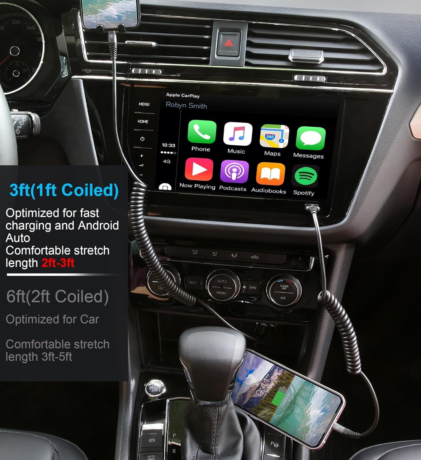 Coiled Lightning Cable, iPhone Charger Cable 3FT for Car, 2 Pack [Apple MFi Certified] 3 Feet Lightning Cord Compatible with iPhone14/13/12/11 Pro Max/XS MAX/XR/XS/X/8/7/Plus/6S iPad/iPod- Black