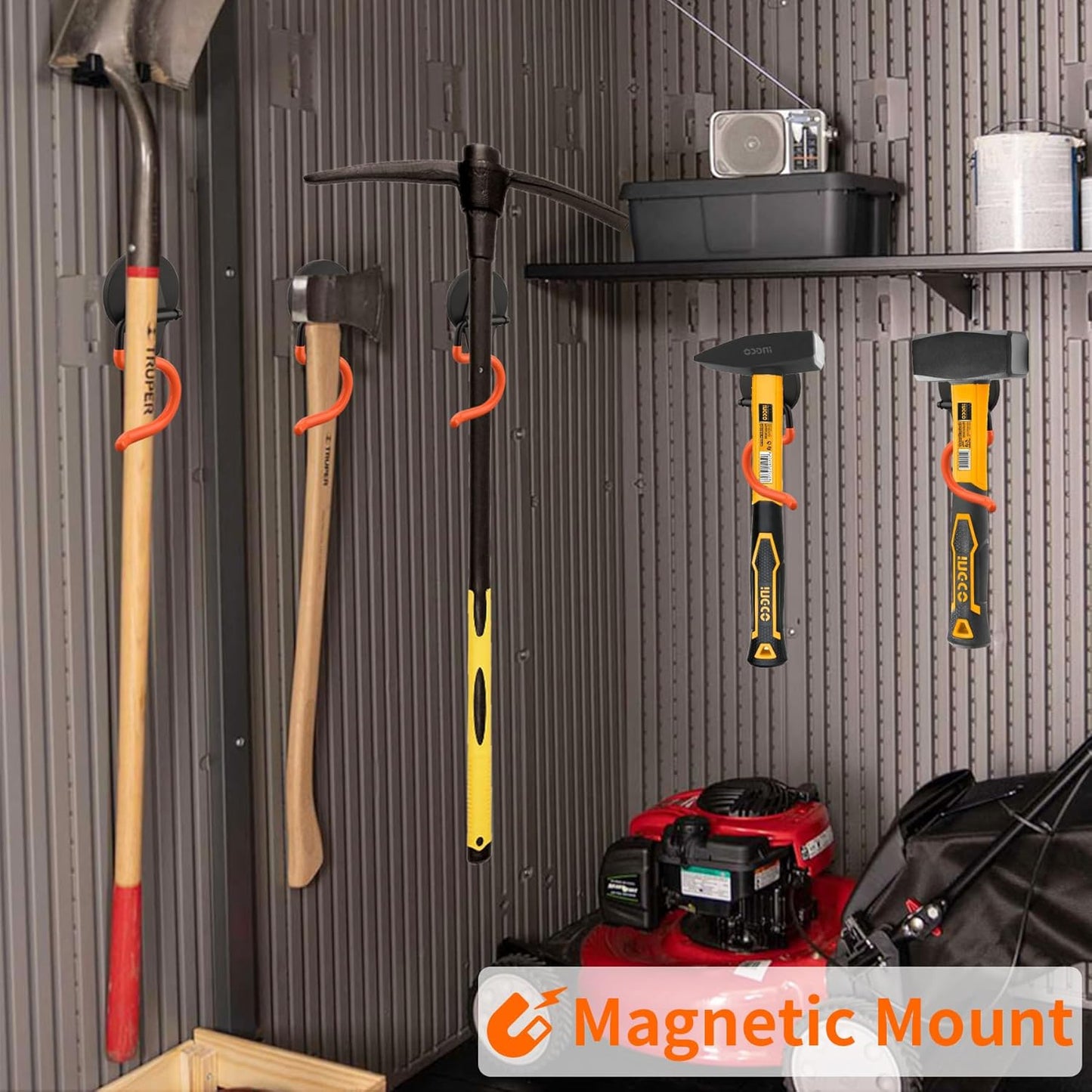 MUTUACTOR Magnetic Broom Holder,Non-Slip Garage Storage Hooks Heavy Duty,Strong Metal Hooks Magnetic Tools Holder for Snow Shovels Garage Racks Garden Hoes in Garden Warehouse(2Pack,Orange)