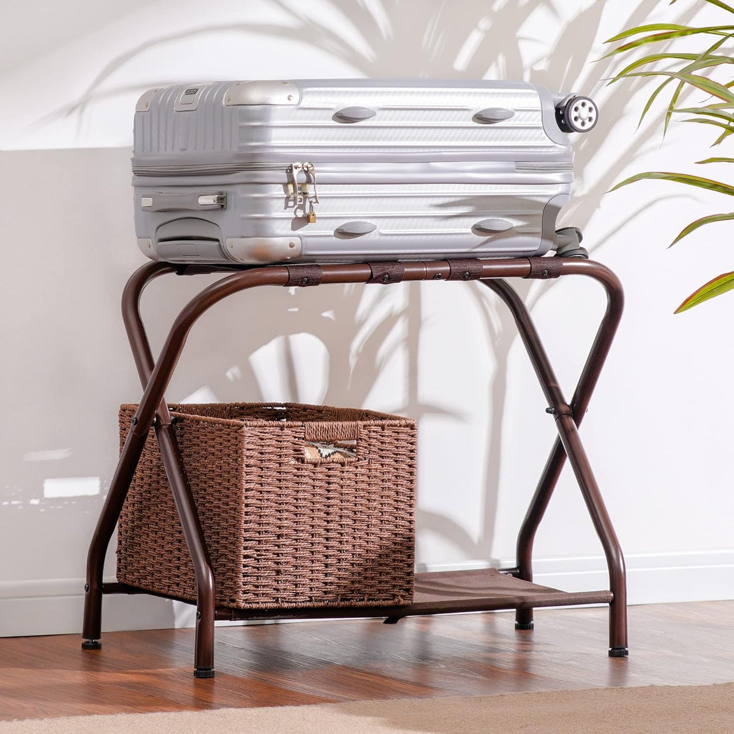 Heybly Luggage Rack, Steel Folding Suitcase Stand with Storage Shelf for Bedroom, Hotel, Foldable Steel Frame, Guest Room Bedroom Hotel, 22.8" L x 11.8" W x 20.9" H, Brown HLR004Z1