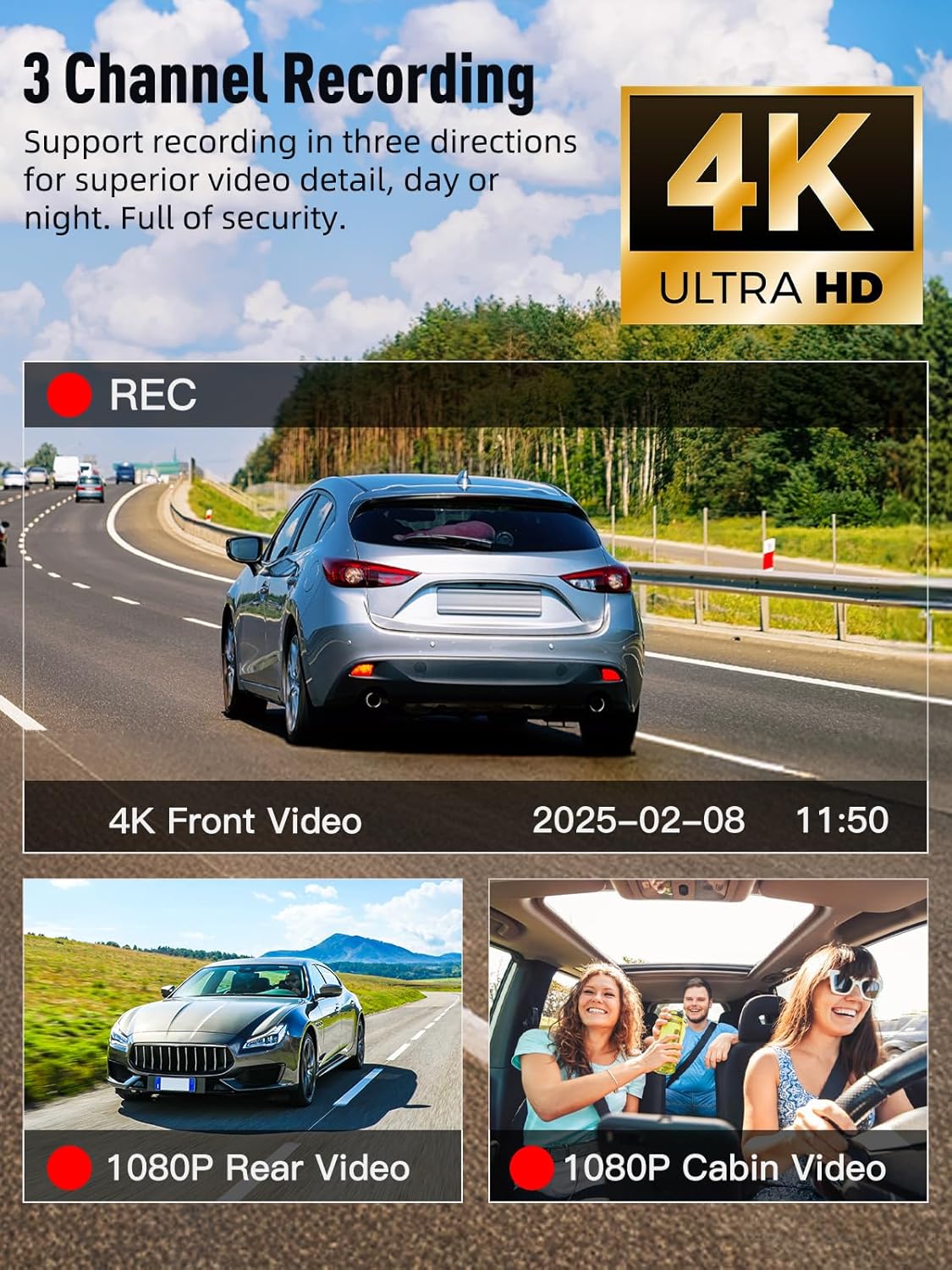 3 Channel 5G WiFi Dash Cam, 4K+1080P+1080P Dash Cam Front and Rear Inside with 64GB Card, 3.16” IPS Screen, G-Sensor, Loop Recording, Parking Monitor, 170° Wide Angle, IR Night Vision, WDR, Silver