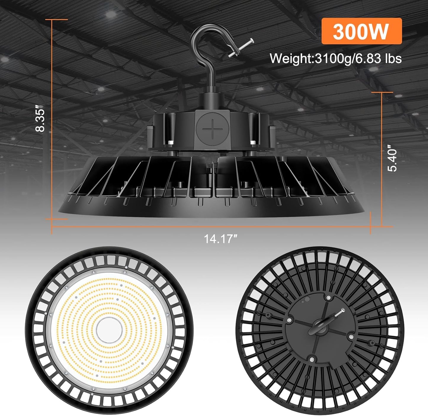 6Pack LED High Bay Lights, 300W UFO High Bay LED Shop Lights, 45000LM Adjustable CCT(5700K 5000K 4500K) & Power(300W 240W 200W), 0-10V Dimmable, 5' Cable Plug, IP65 Waterproof, ETL & DLC Listed